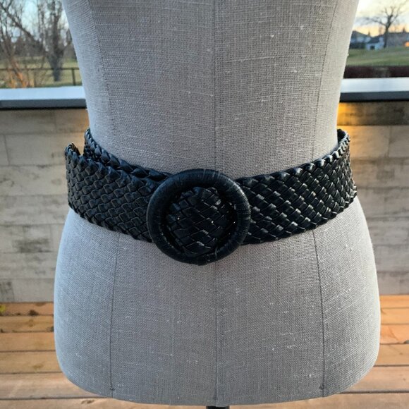 Vintage Accessories - Vintage 80s 90s Black Braided Faux Leather Wide Statement Boho Chic Cinch Belt